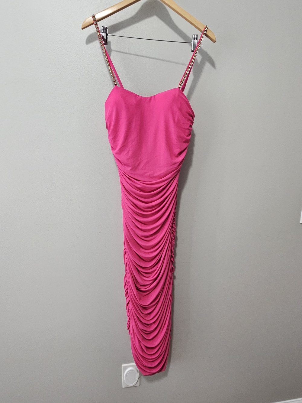 Cache Hot Pink Ruched Maxi Dress with Chain Straps